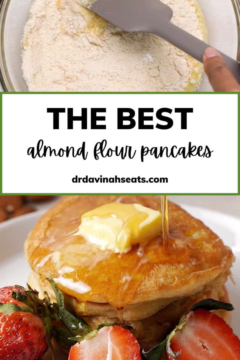 Poster with a picture of a mixing bowl with pancake batter, and a picture of a stack of pancakes, with a banner that says "The Best Almond Flour Pancakes"