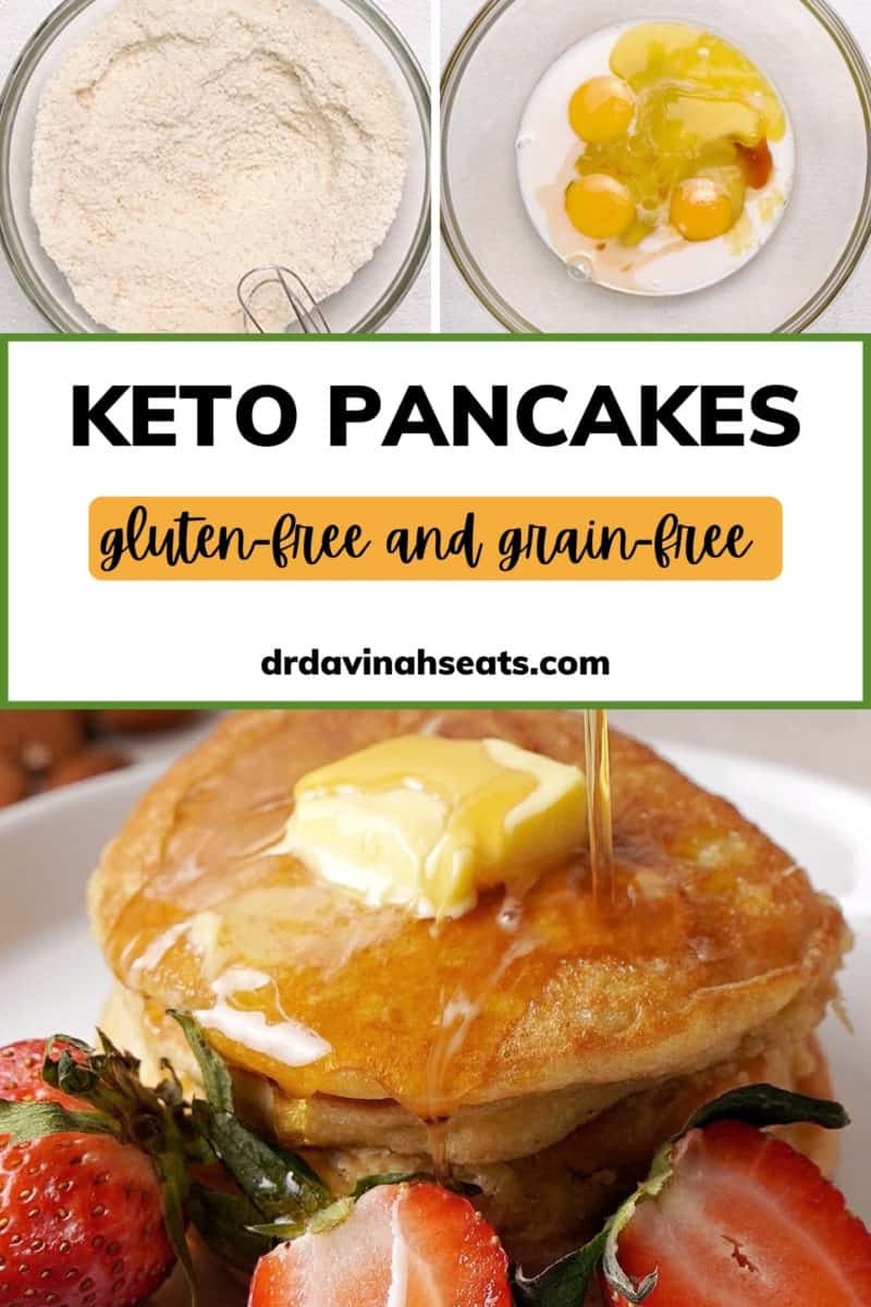 Poster with a picture of the wet ingredients for pancake batter, the dry ingredients for pancake batter, and a stack of pancakes, with a banner that says "Keto Pancakes Gluten-Free and Grain-Free"