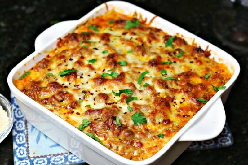 keto lasagna in a casserole dish