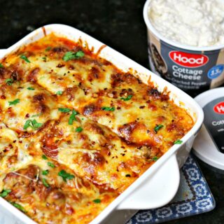 keto lasagna in a casserole dish with cottage cheese