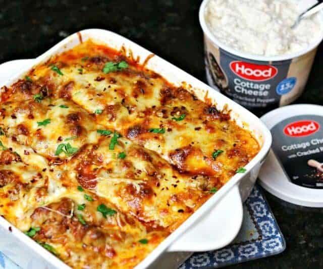 keto lasagna in a casserole dish with cottage cheese