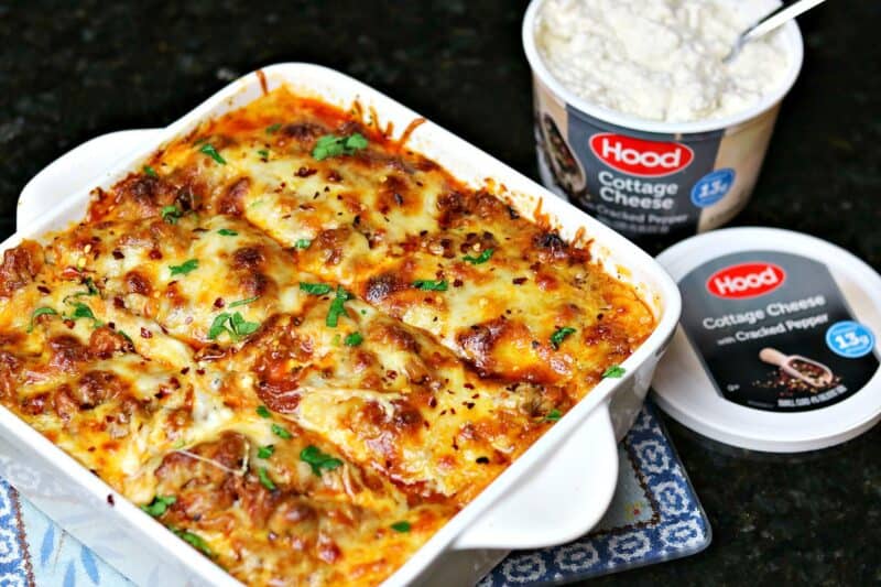 keto lasagna in a casserole dish with cottage cheese