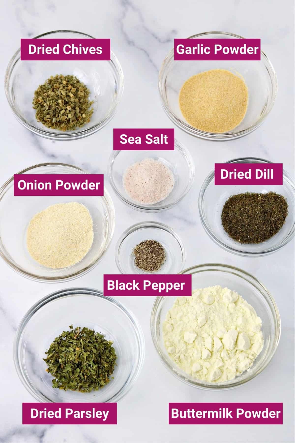 ingredients needed to make homemade ranch seasoning recipe in small bowls