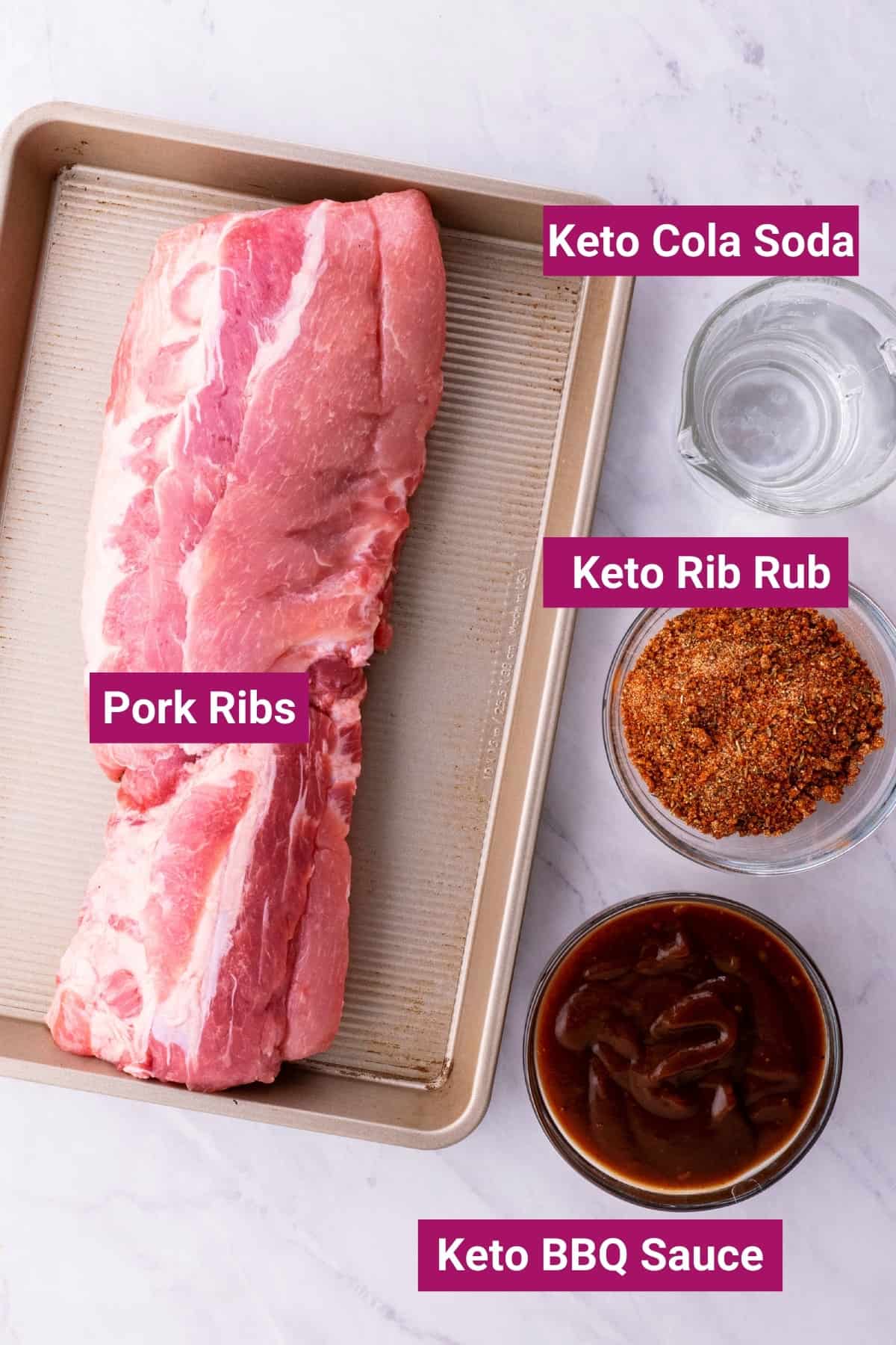 ingredients needed to make keto ribs like pork ribs, zevia keto soda, bbq seasoning keto rib rub, and keto bbq sauce