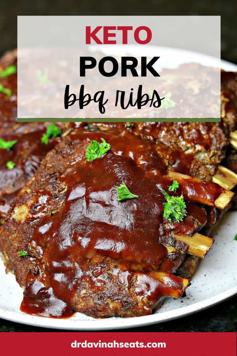 a poster of keto ribs on a plate that says "keto pork bbq ribs"