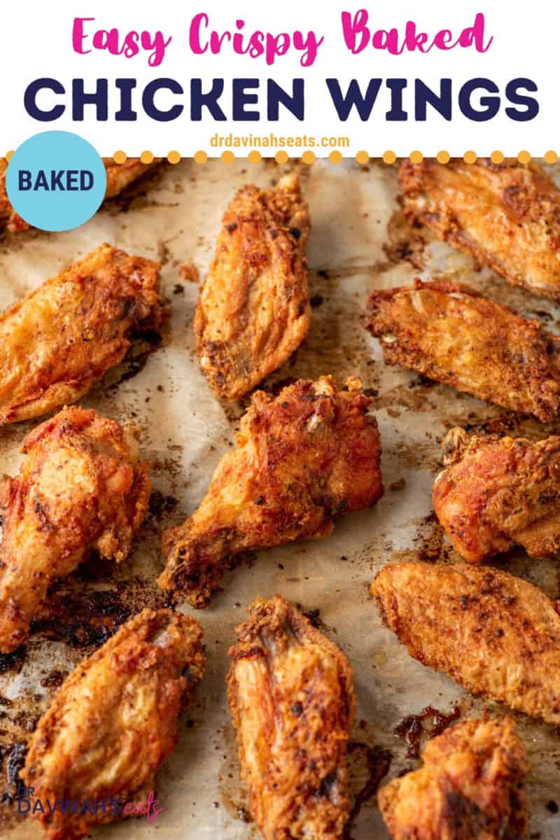 pinterest image with baked chicken wings on a baking sheet