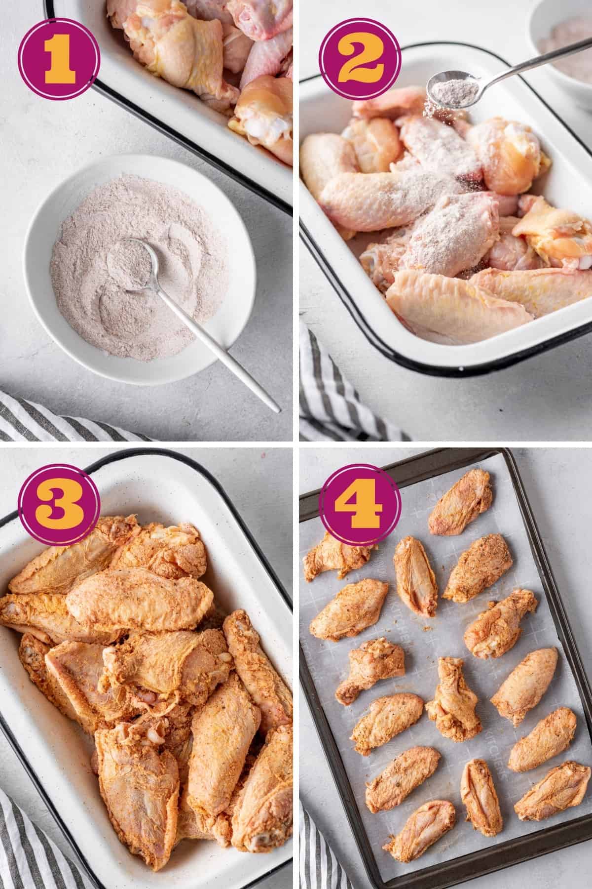 Four numbered pictures: first, a bowl of seasoning with a spoon in it, next to a tray of raw chicken wings; second, a spoon sprinkling seasoning over a dish of raw chicken wings; third a dish full of seasoned, raw chicken wings; and fourth, 15 seasoned, raw chicken wings on a baking sheet with parchment paper.
