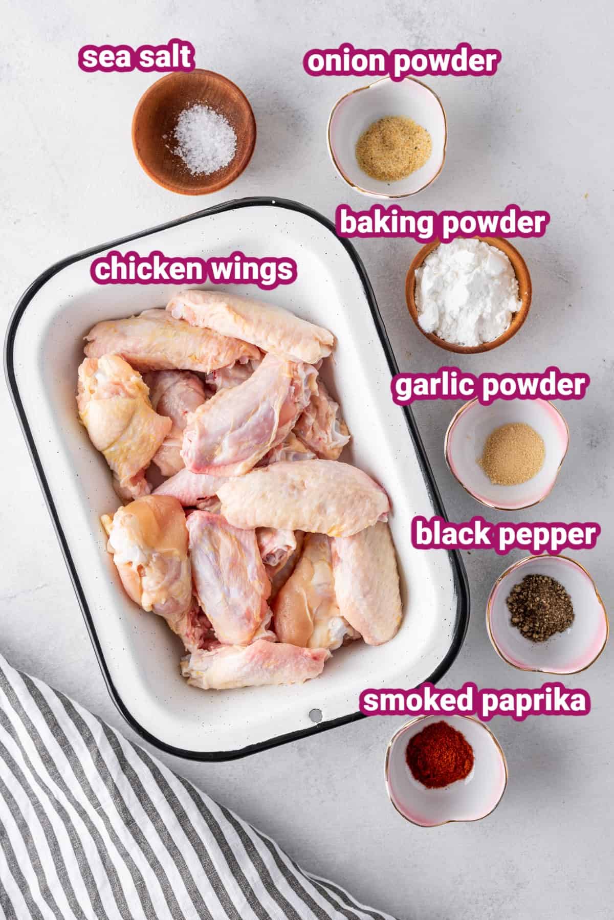 Overhead view of the labeled ingredients needed for baked chicken wings: a tray of raw wings, a wooden bowl of salt, and bowls of onion powder, baking powder, garlic powder, black pepper, and smoked paprika
