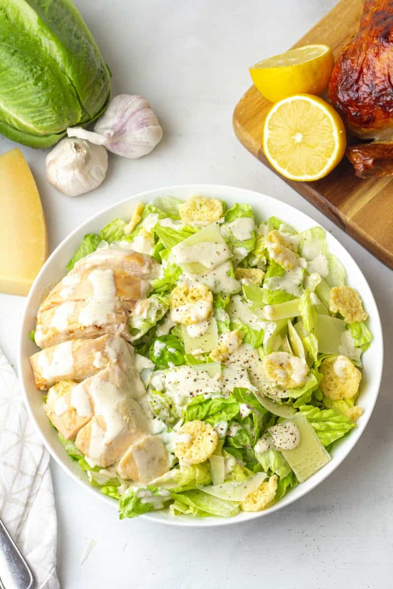 a close-up of one bowl of keto Chicken Caesar Salad