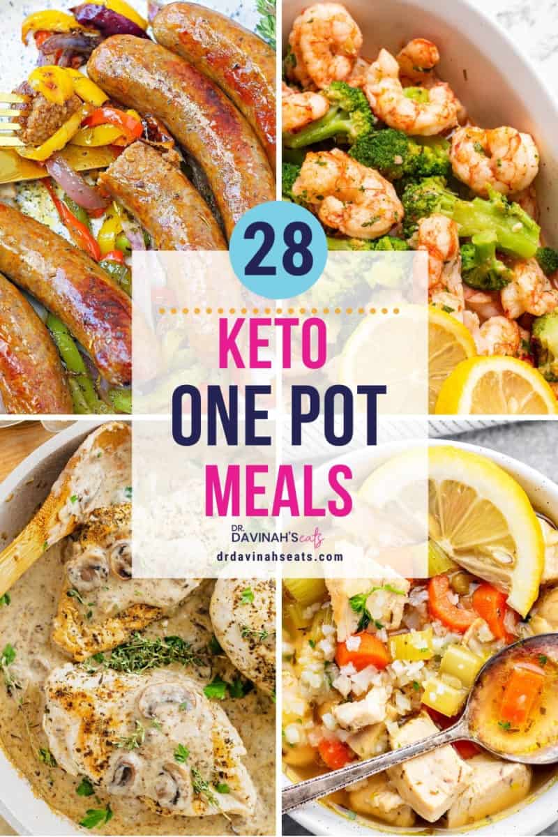 pinterest image for keto one pot meals like air fryer Italian sausage and peppers, air fryer frozen shrimp and broccoli, cream of mushroom chicken, and keto chicken vegetable soup