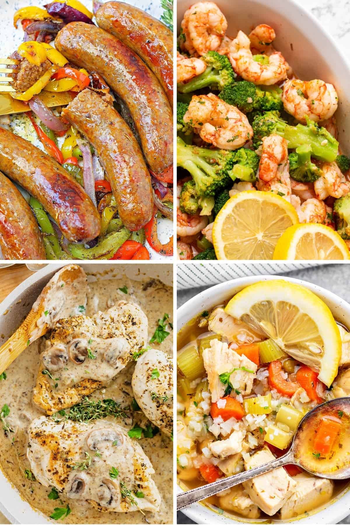 keto one pot meals like air fryer Italian sausage and peppers, air fryer frozen shrimp and broccoli, cream of mushroom chicken, and keto chicken vegetable soup