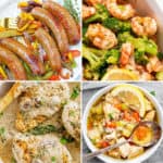 keto one pot meals like air fryer Italian sausage and peppers, air fryer frozen shrimp and broccoli, cream of mushroom chicken, and keto chicken vegetable soup