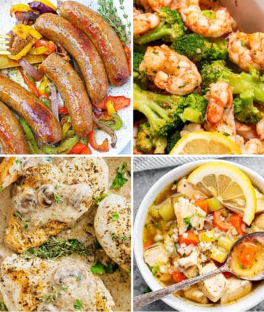 keto one pot meals like air fryer Italian sausage and peppers, air fryer frozen shrimp and broccoli, cream of mushroom chicken, and keto chicken vegetable soup