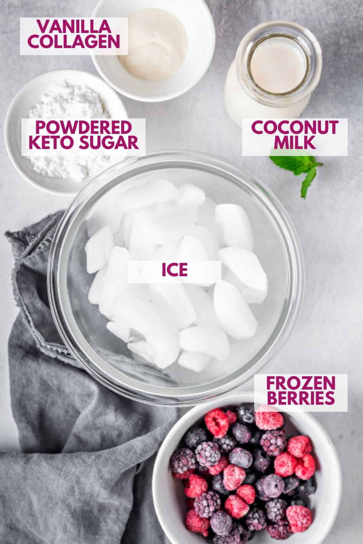 ingredients for keto berries smoothie recipe in small bowls and cups