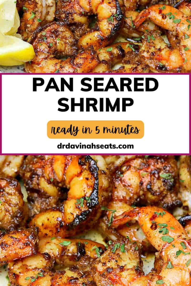 Poster with a picture of pan seared shrimp on plate with lemon and butter with a banner that says "pan seared shrimp ready in 5 minutes"