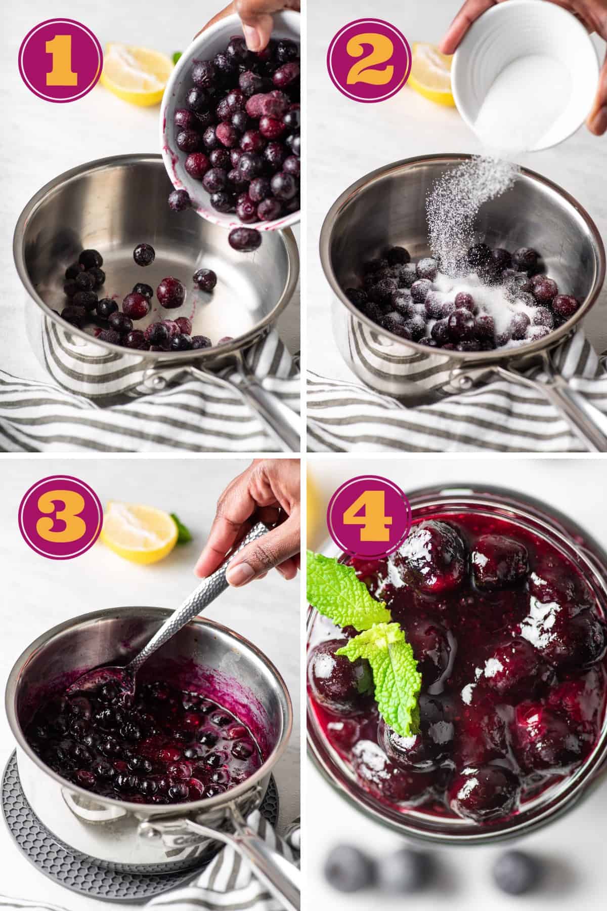 photo collage showing how to make sugar free blueberry sauce by adding the ingredients to a pan, stirring, and adding the finished sauce to a glass jar