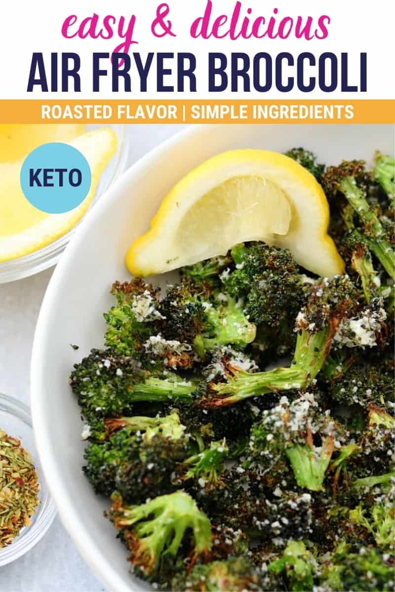 pinterest image that says easy and delicious air fryer broccoli
