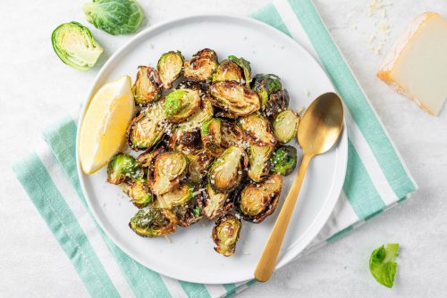One plate of air-fried Brussels sprouts with lime
