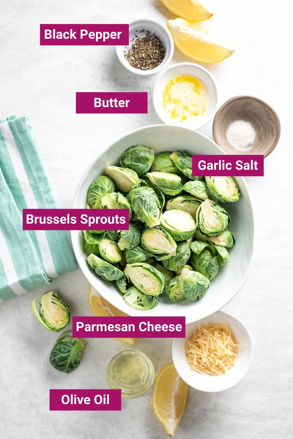 ingredients needed to make air fryer Brussels sprouts including Brussel sprouts, butter, garlic salt, black pepper, olive oil. 