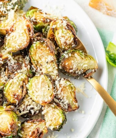 close-up photo of crispy air fried Brussels sprouts on a plate