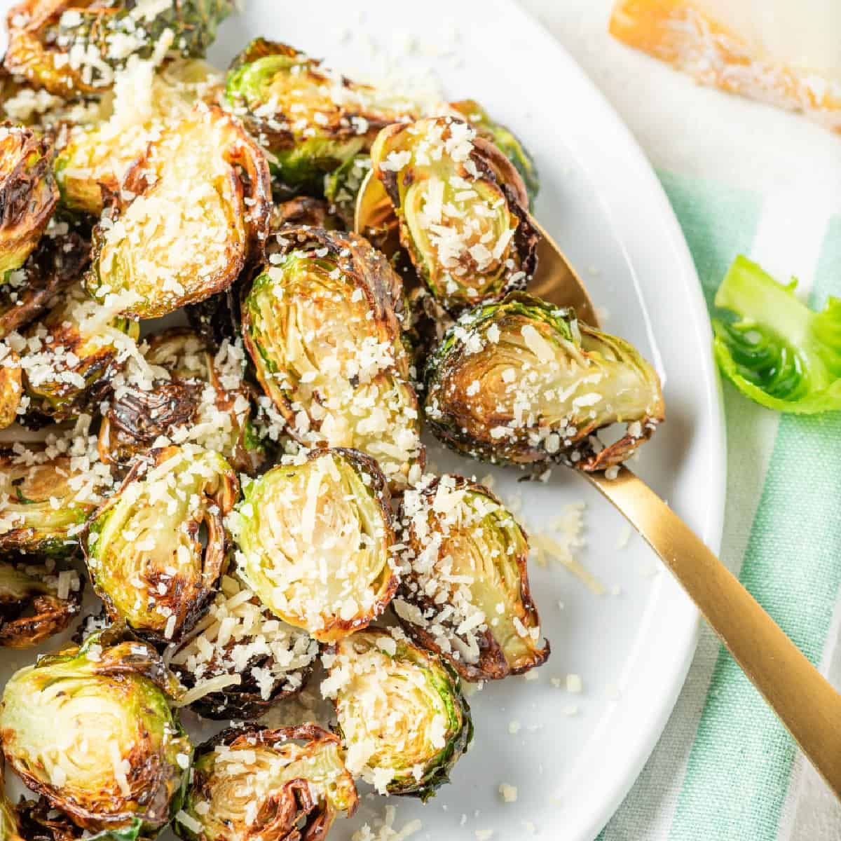close-up photo of crispy air fried Brussels sprouts on a plate