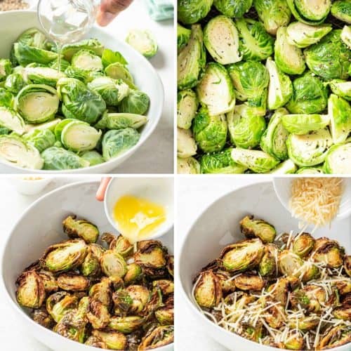 a step-by-step photo grid for how to make air fryer Brussels sprouts