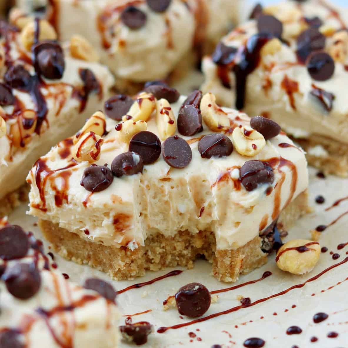 close-up of keto chocolate chip peanut butter fluff cookie bars