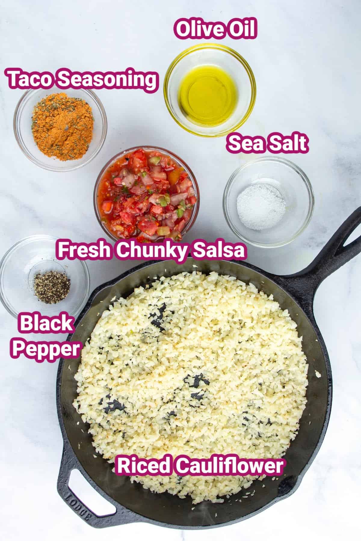 ingredients needed for basic Spanish cauliflower rice like olive oil, taco seasoning, salt, chunky salsa, black pepper, and cauliflower rice