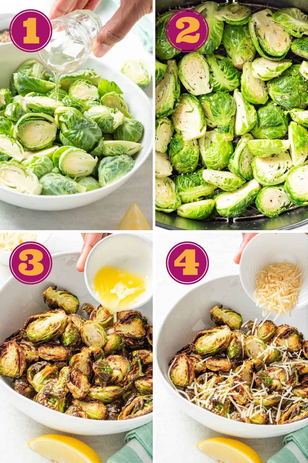 a photo collage for how to make Brussels sprouts in the Ninja Air Fryer by tossing the Brussels sprouts in oil and spices and air frying until crisp