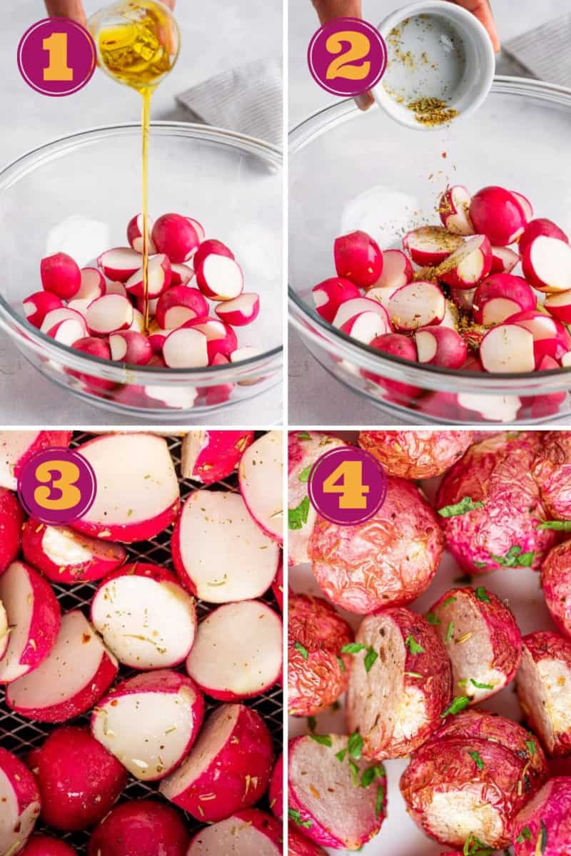 photo collage for how to make air fryer roasted radishes 