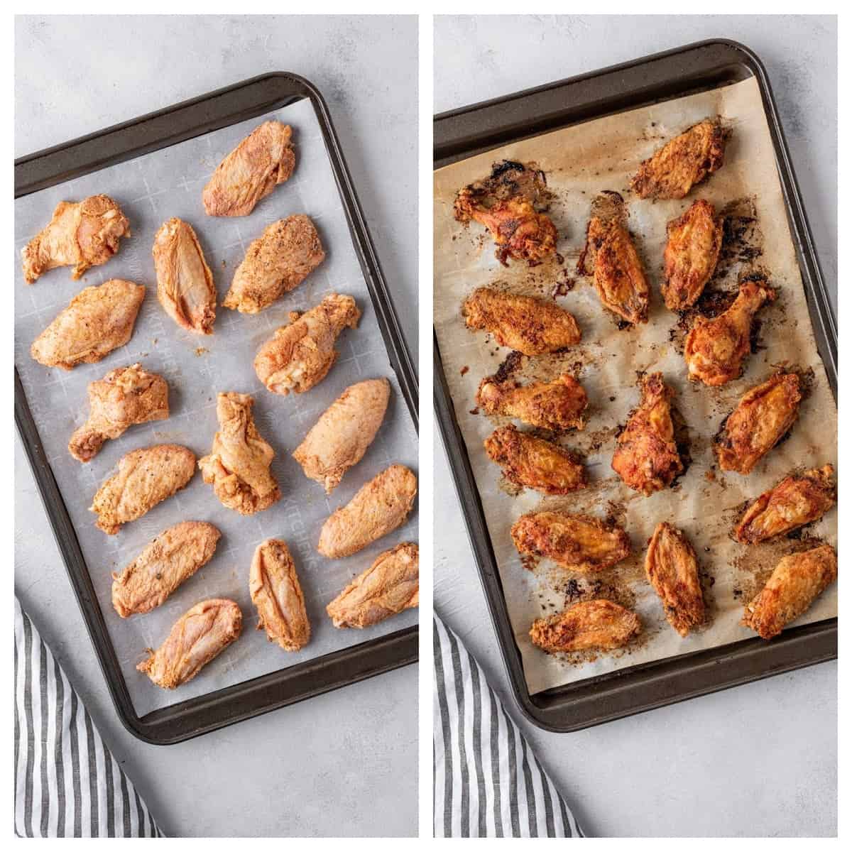 a side by side photo of the chicken wings on a parchment lined baking sheet before and after they are cooked