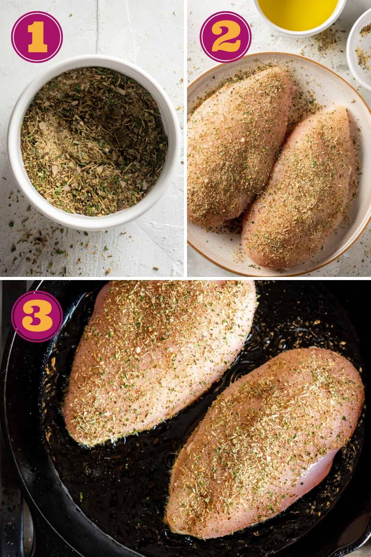 a step-by-step photo collage for how to make chicken breasts in a cast iron skillet in three steps.