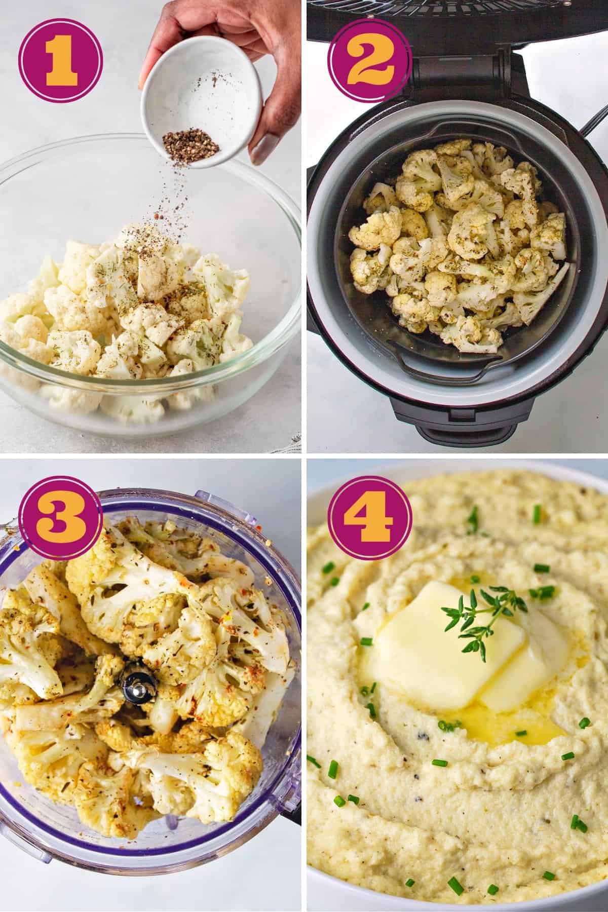 a photo collage for how to make cauliflower mash keto-friendly
