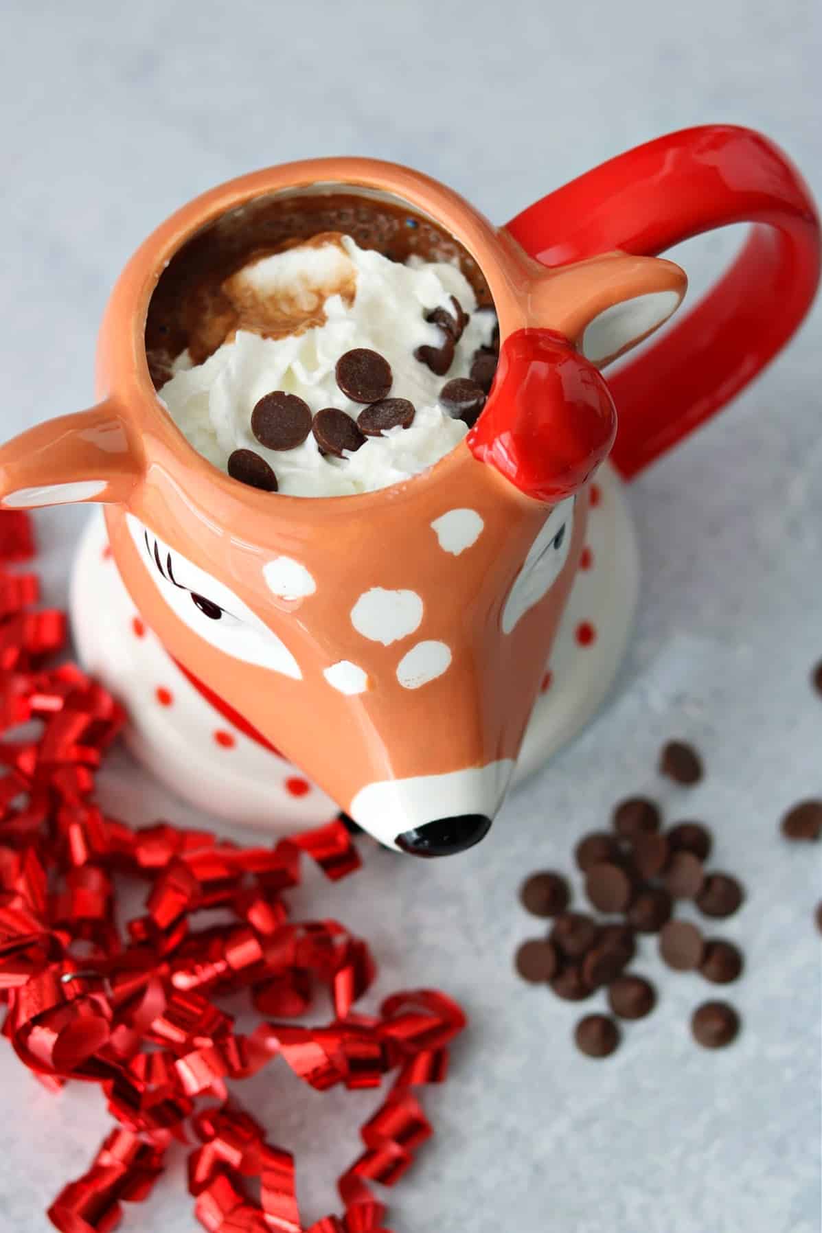 sugar-free peppermint mocha drink in a reindeer mug