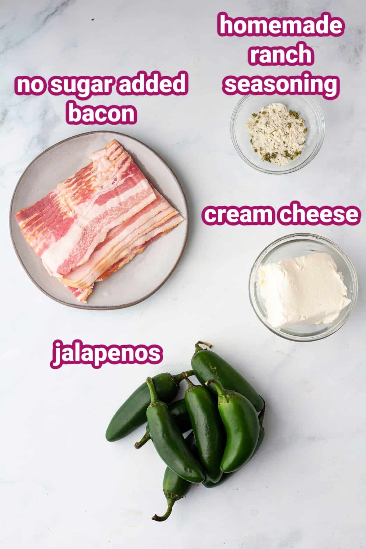 recipe ingredients for keto jalapeno poppers, bacon, cream cheese, jalapeños, and ranch seasoning