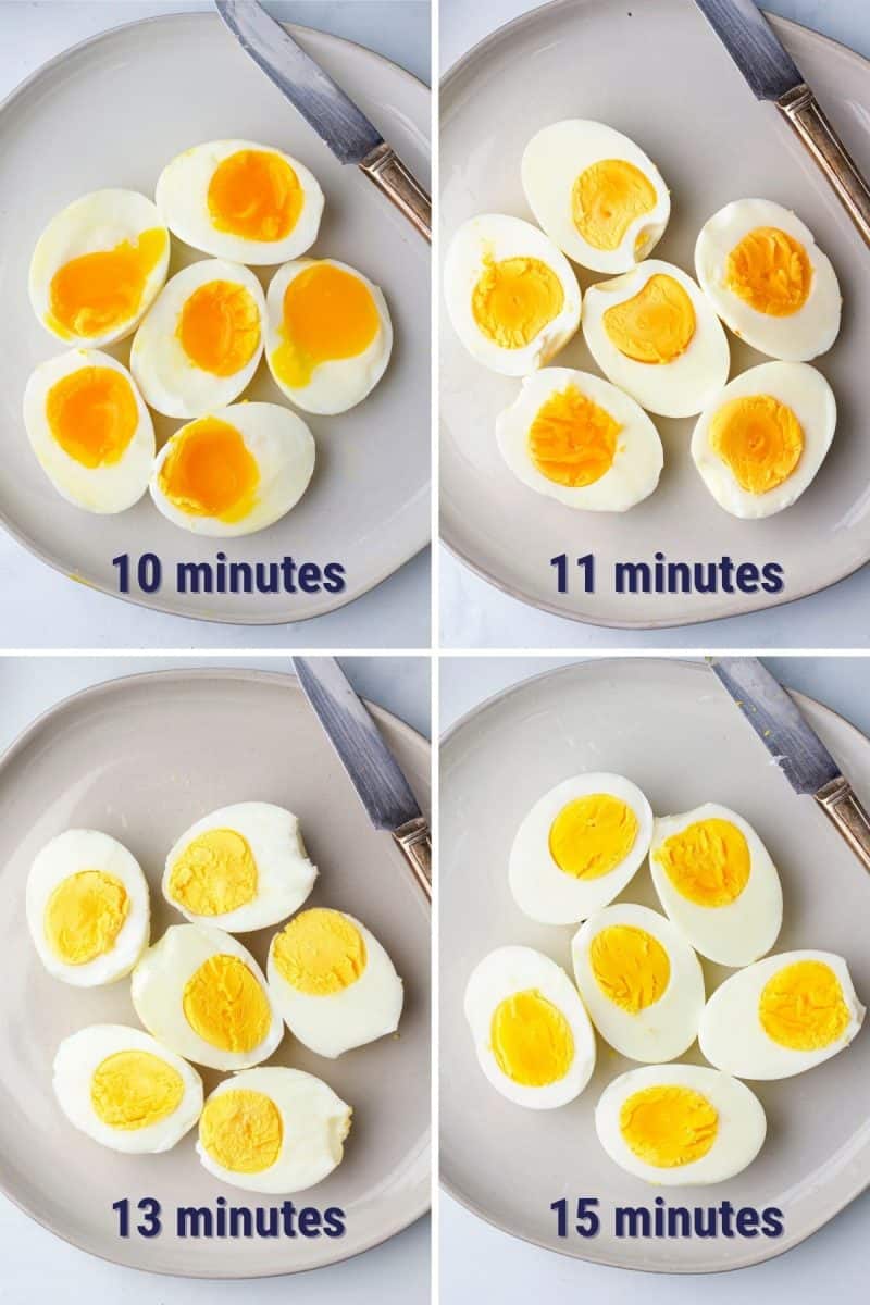 a photo collage of air fryer boiled eggs time chart cooked at 10, 11, 13, and 15 minutes
