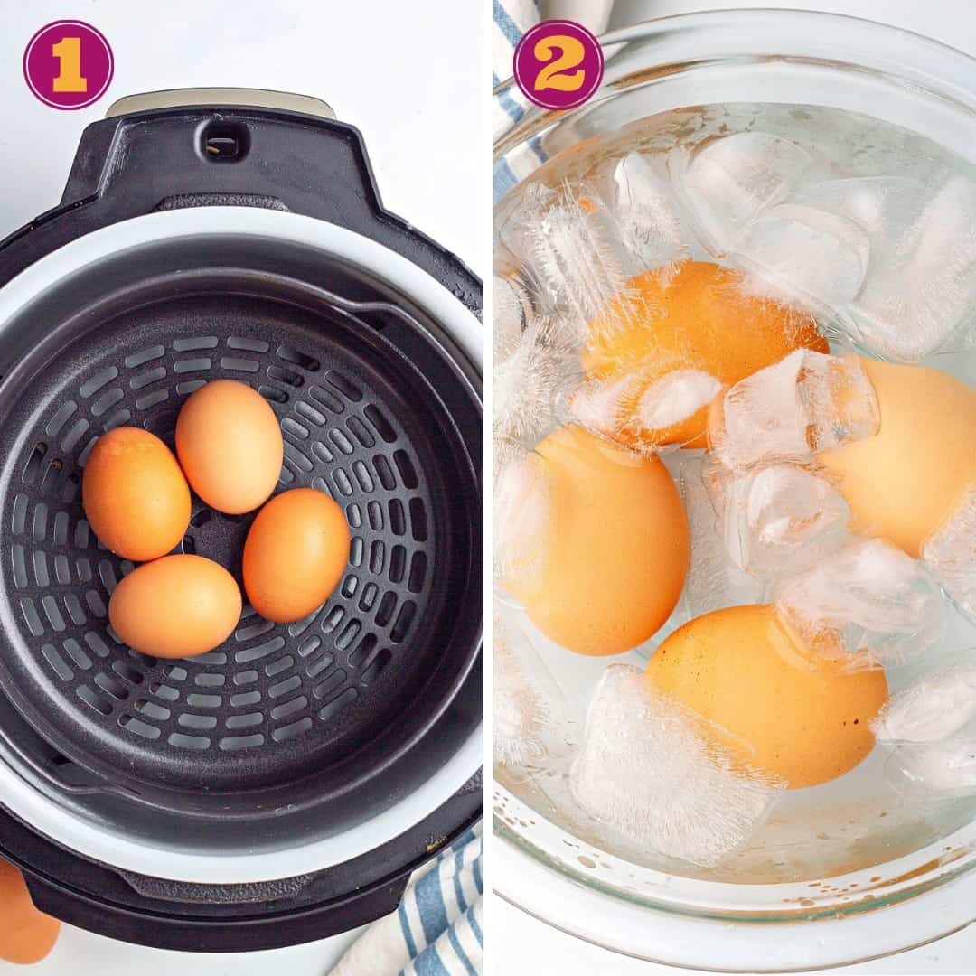 photo collage of how to boil eggs in the air fryer at 300 degrees.