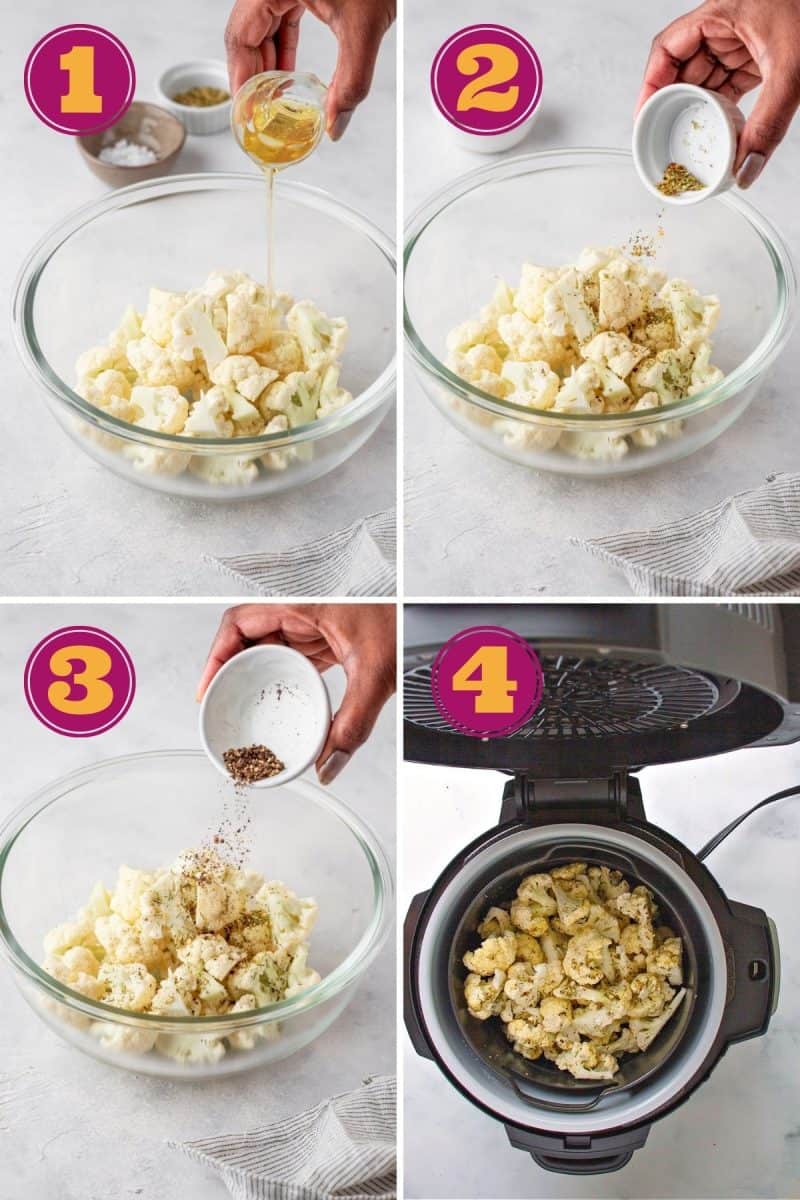 step by step photo collage for how to make roasted cauliflower in four steps