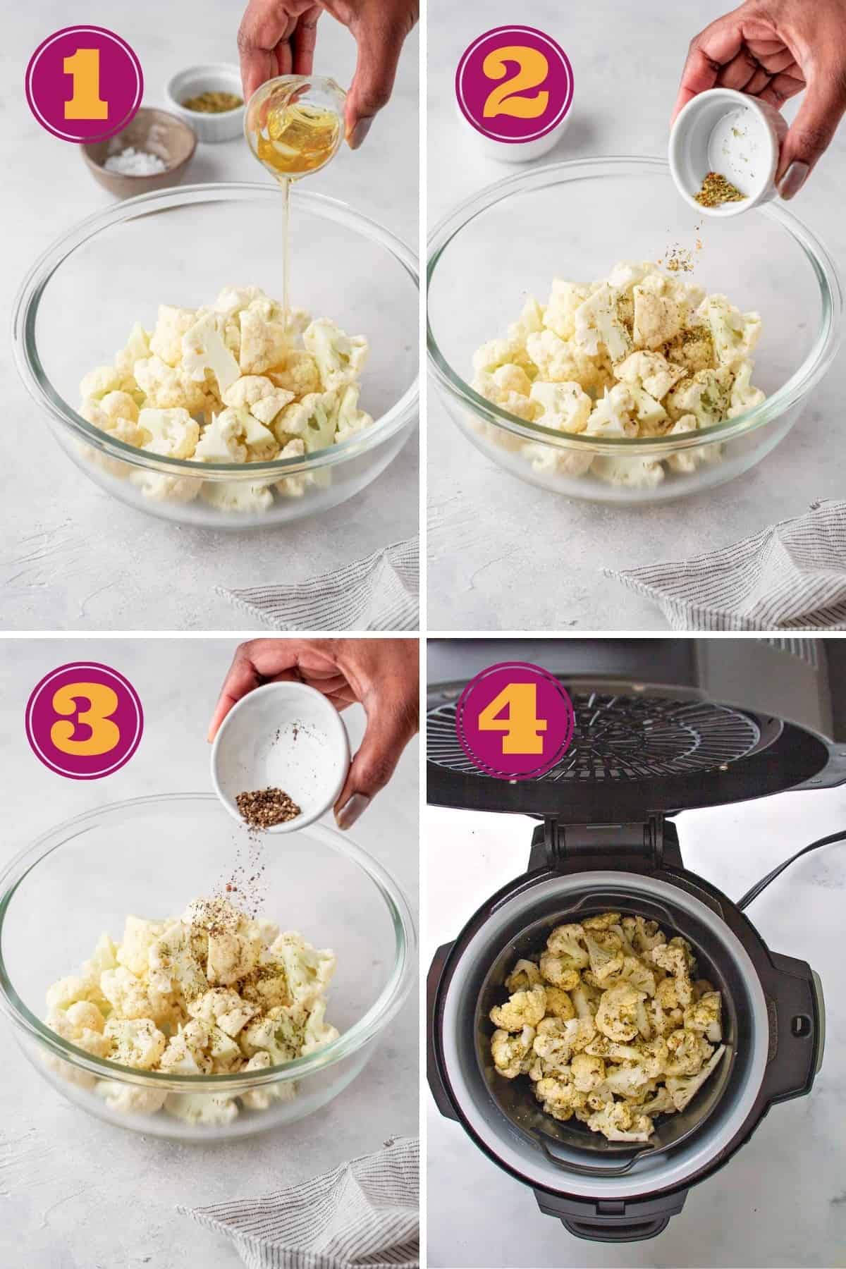 step by step photo collage for how to make roasted cauliflower in an air fryer by seasoning the cauliflower and adding it to an air fryer basket