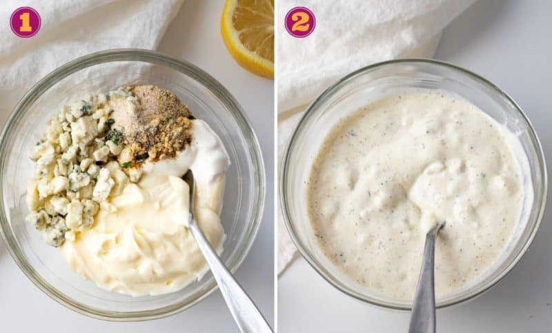 a step-by-step photo showing how to make keto blue cheese dressing