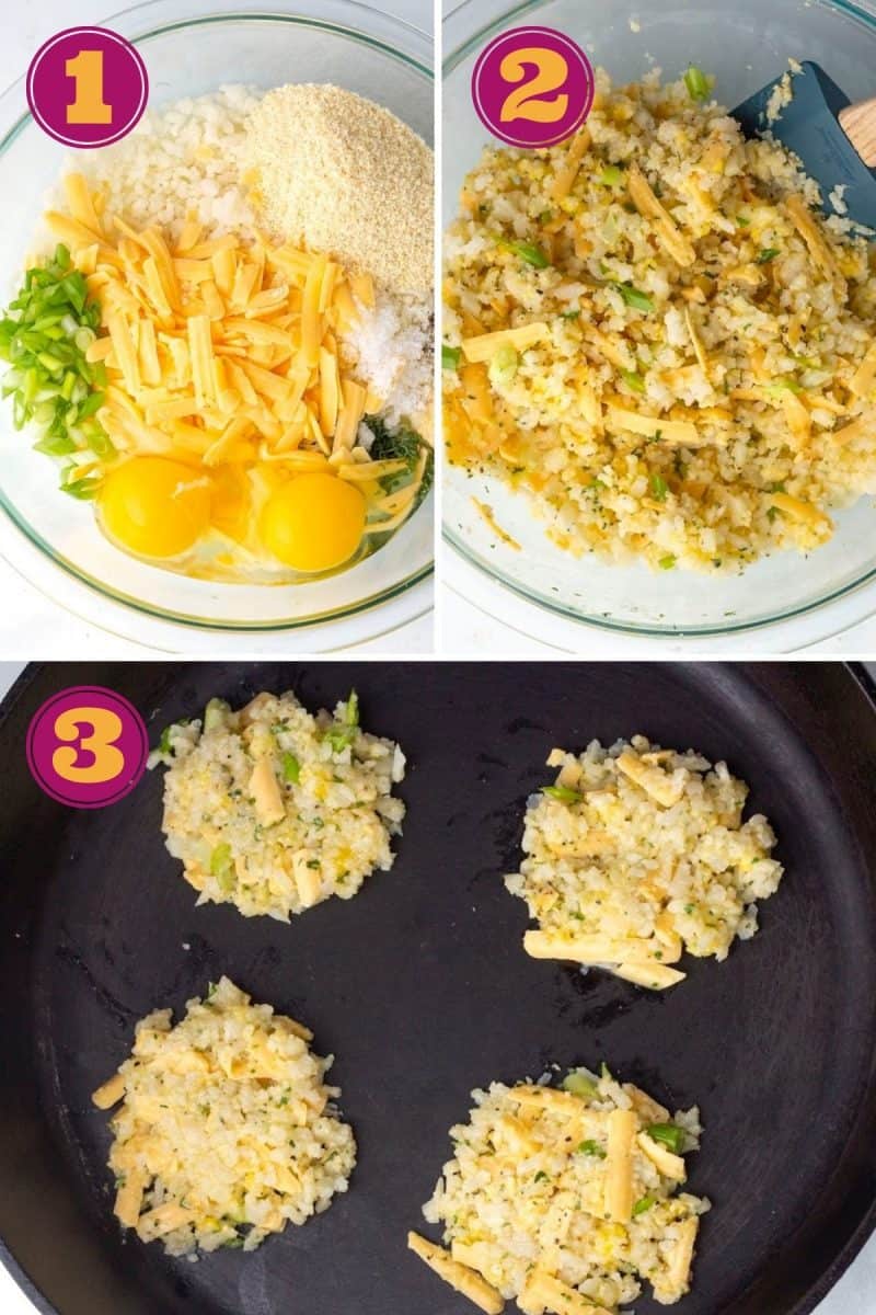 a photo collage showing how to make cauliflower hash browns in three steps