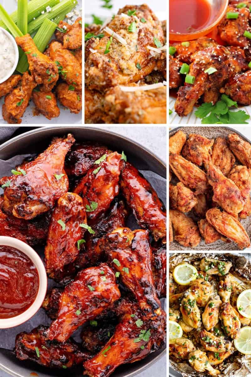 a collage of six keto-friendly chicken wing recipes on a plate