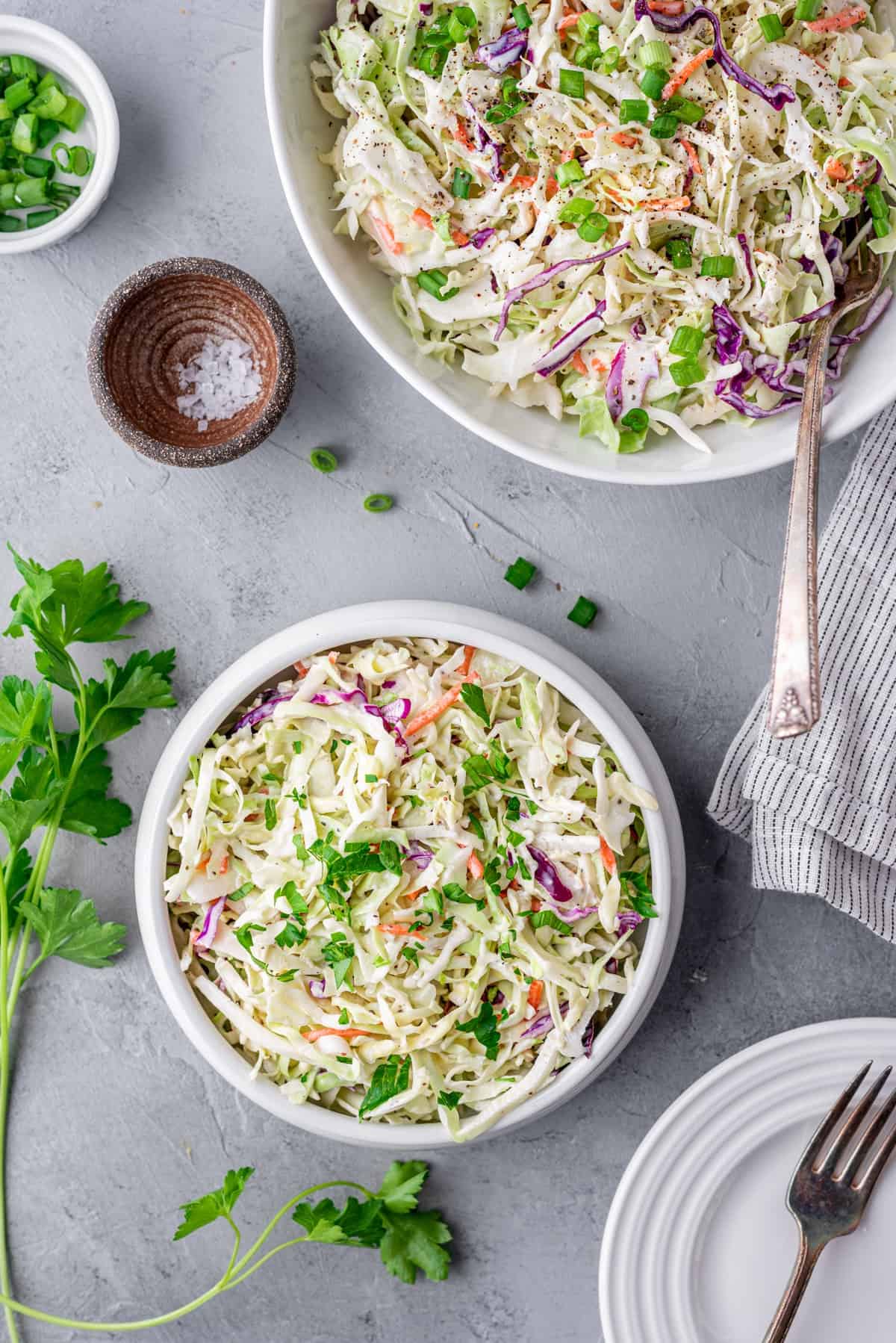 two bowls of keto coleslaw with green onions and salt
