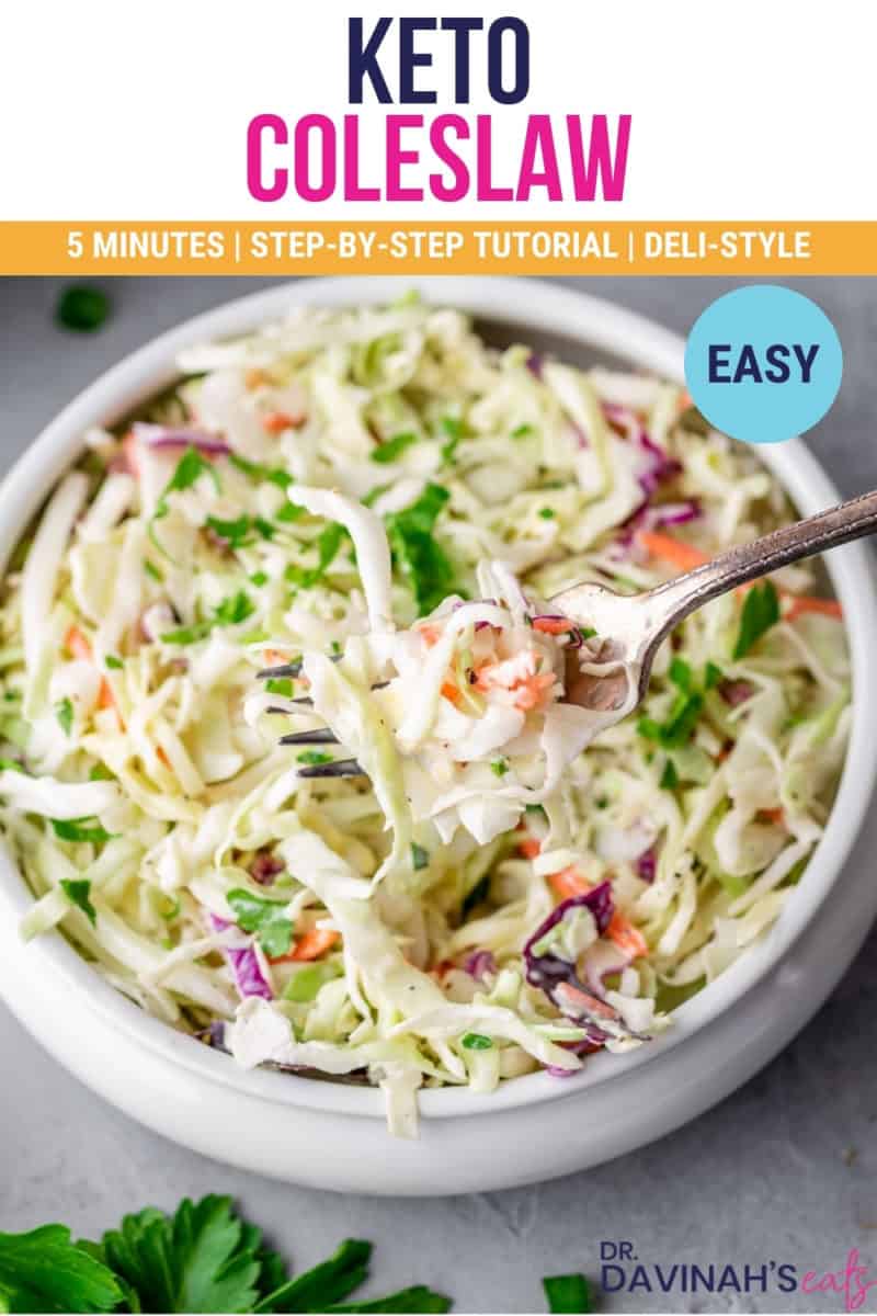 keto coleslaw pinterest image that says 5 minutes, low-carb, step-by-step tutorial, and easy