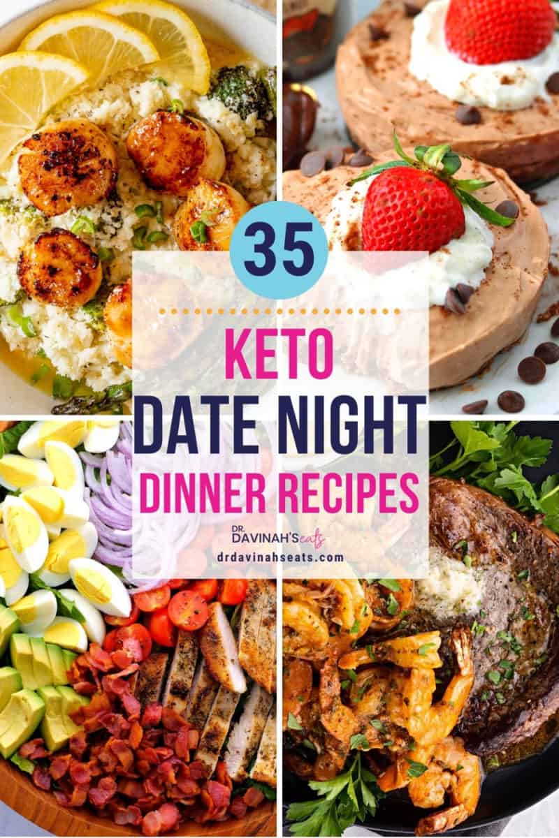 pinterest image for keto date night recipes like scallops and cauliflower risotto, no bake keto chocolate cheesecake, air fryer surf and turf and Cobb salad