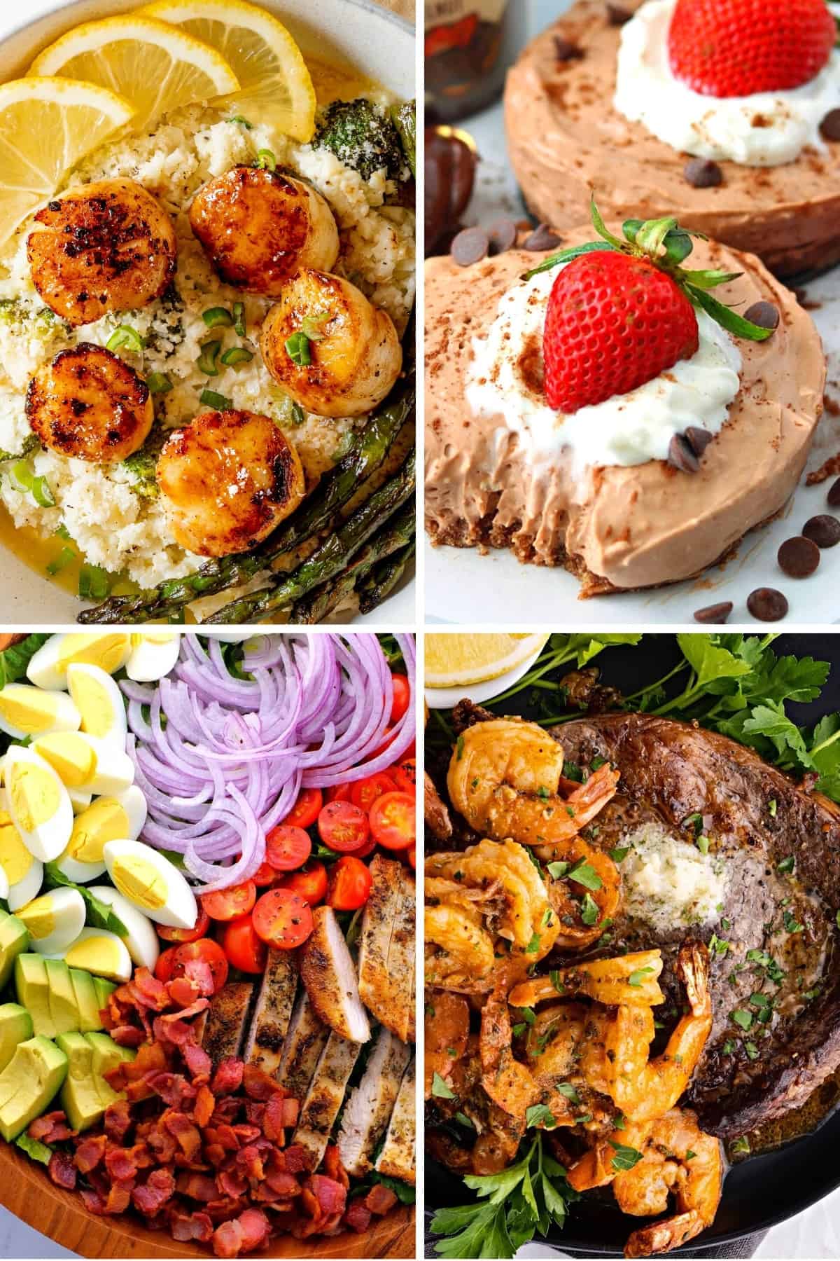 A collage of keto date night recipes for a romantic keto dinner like scallops and cauliflower risotto, no bake keto chocolate cheesecake, air fryer surf and turf and Cobb salad