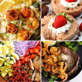 keto date night recipes like scallops and cauliflower risotto, no bake keto chocolate cheesecake, air fryer surf and turf and Cobb salad