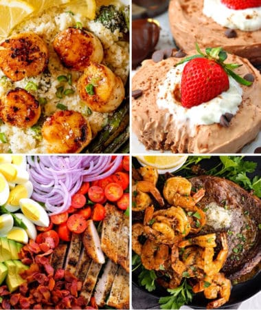keto date night recipes like scallops and cauliflower risotto, no bake keto chocolate cheesecake, air fryer surf and turf and Cobb salad