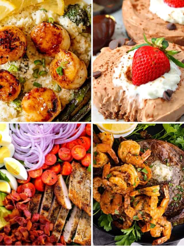 keto date night recipes like scallops and cauliflower risotto, no bake keto chocolate cheesecake, air fryer surf and turf and Cobb salad