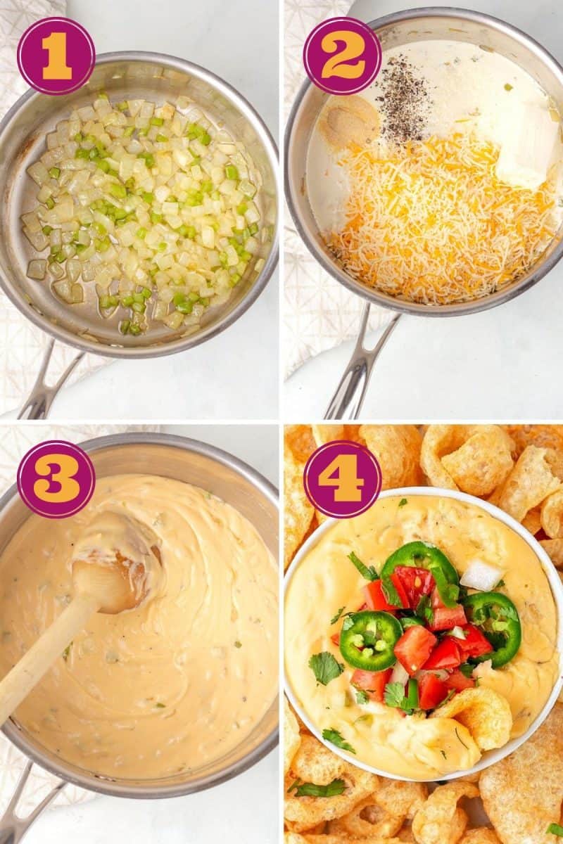 step by step photo collage of how to make keto queso